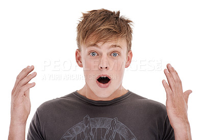 Buy stock photo Man, portrait and surprised in studio for announcement or secret news for information, discount or mockup space. Male person, face and hands with omg shock or white background, emoji or mouth open