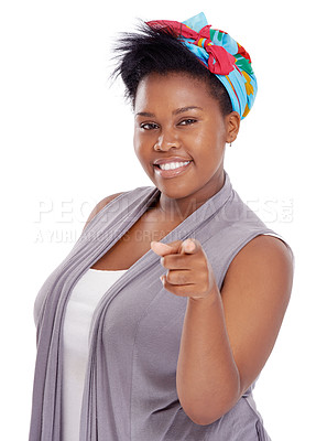 Buy stock photo Hey you, black woman and pointing portrait in a studio with happiness and confidence. White background, African female person and model with positive and emoji hand with choice and accountability
