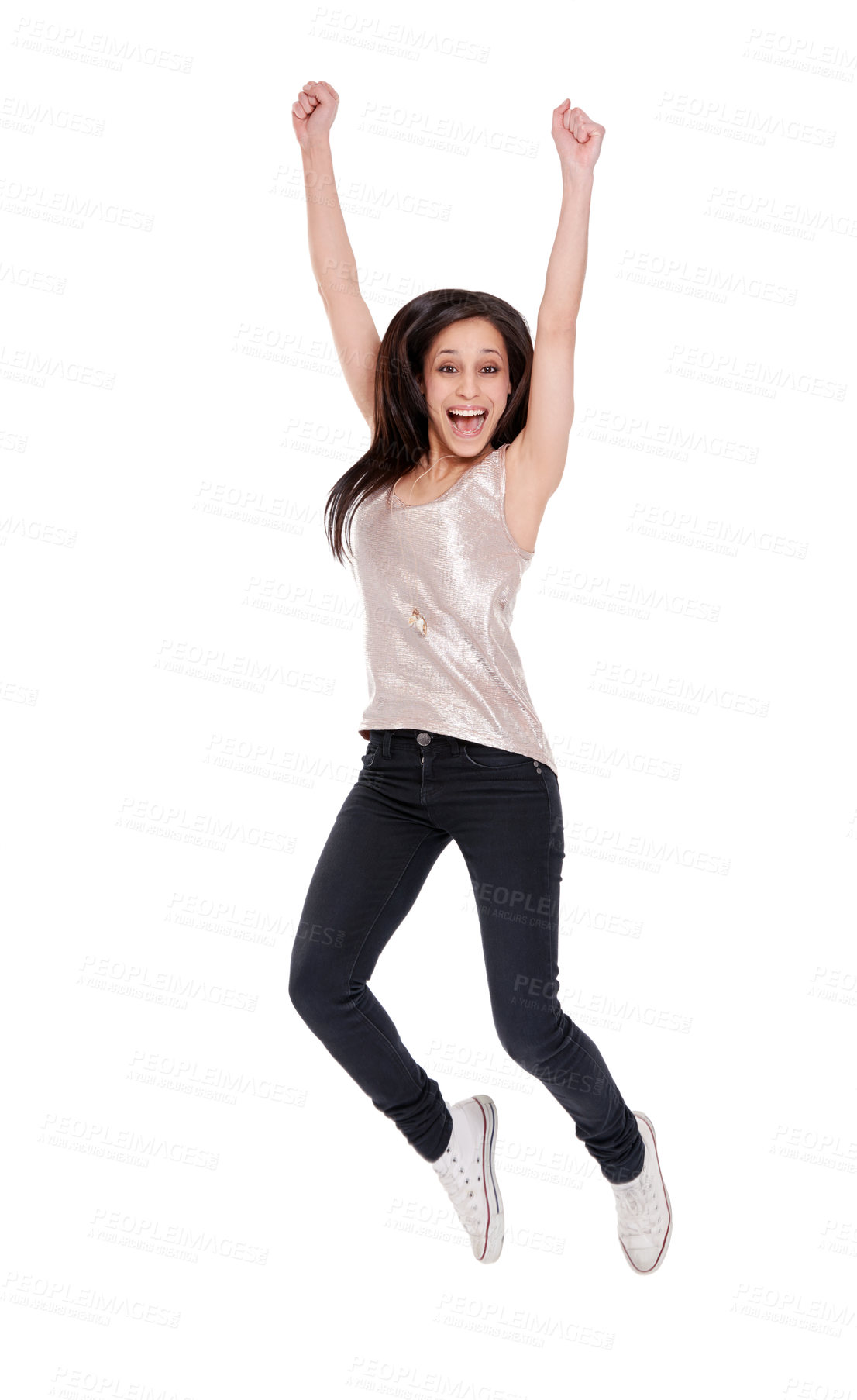 Buy stock photo Happy woman, portrait and jump in celebration for success, winning or joy on a white studio background. Excited or young female person or model in air for achievement, deal or good news on mockup