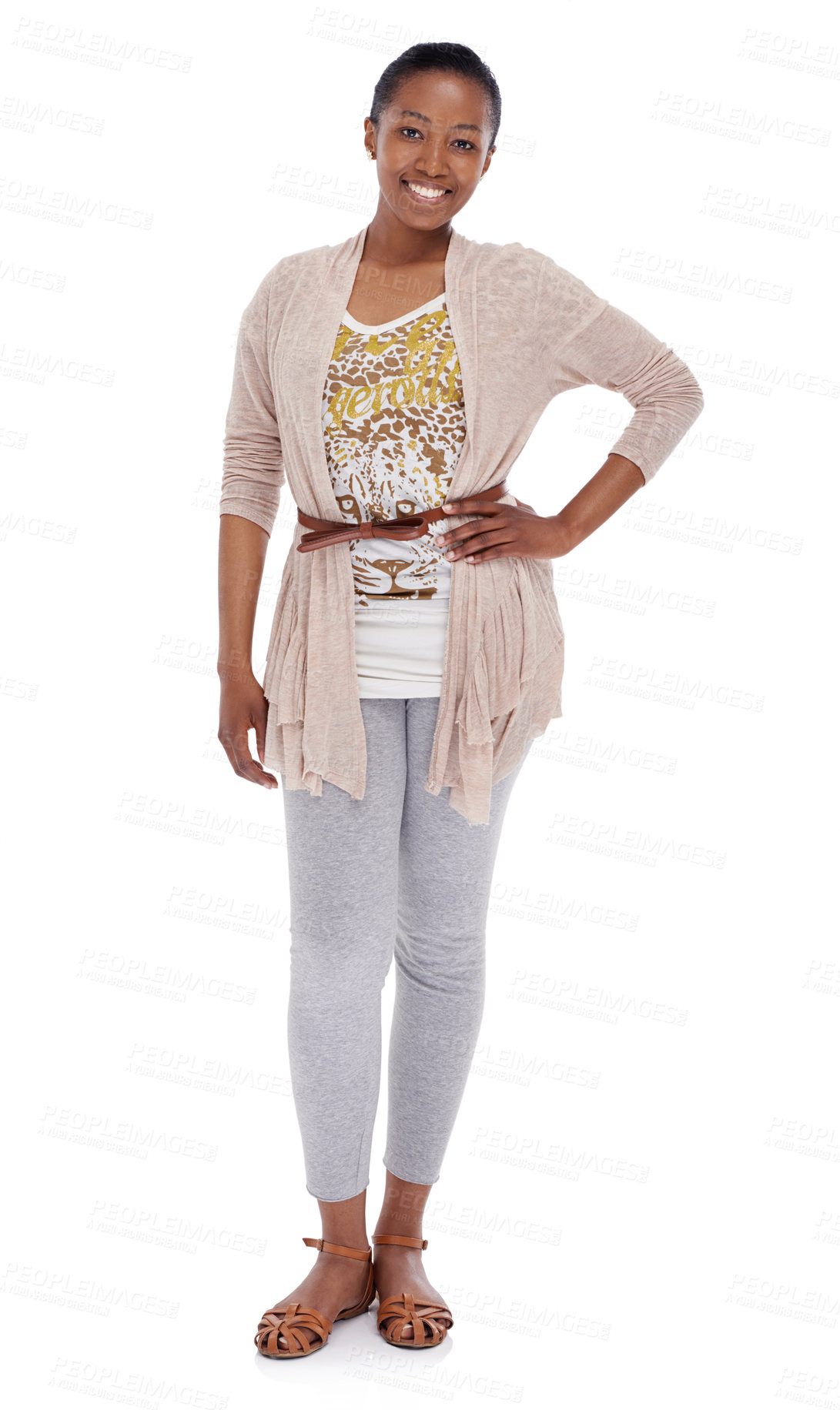 Buy stock photo Happy, portrait and black woman in fashion, style or casual clothing on a white studio background. Full body of young African, female person or model posing with smile and hand on hips in confidence