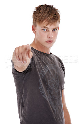 Buy stock photo Man, portrait and pointing in studio for selection, opinion and confidence for choosing you. Male person, serious face and proud of decision on white background, emoji and vote for opportunity