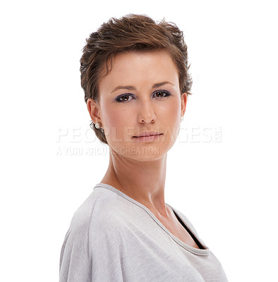 Buy stock photo Woman, portrait and pride or confidence in studio with relax, attitude and calm expression with casual outfit or style. Fashion, person and face or serious with makeup or wellness on white background