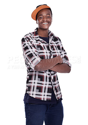 Buy stock photo Happy, portrait and black man with cap in fashion, style or cool attitude on a white studio background. Face of young African, male person or model posing with smile and stylish shirt in confidence