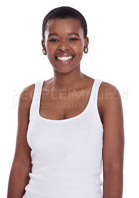 Buy stock photo White background, fashion and portrait of woman with smile, vest and gold earrings in South Africa. African model, female student or actress with short, natural hair and teeth for casting in studio