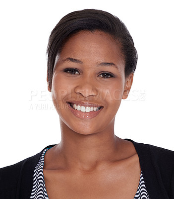 Buy stock photo Portrait, smile and black woman with beauty, cheerful and confident lady isolated against white studio background. Face, happy female person and model with happiness, confidence and cheerful with joy