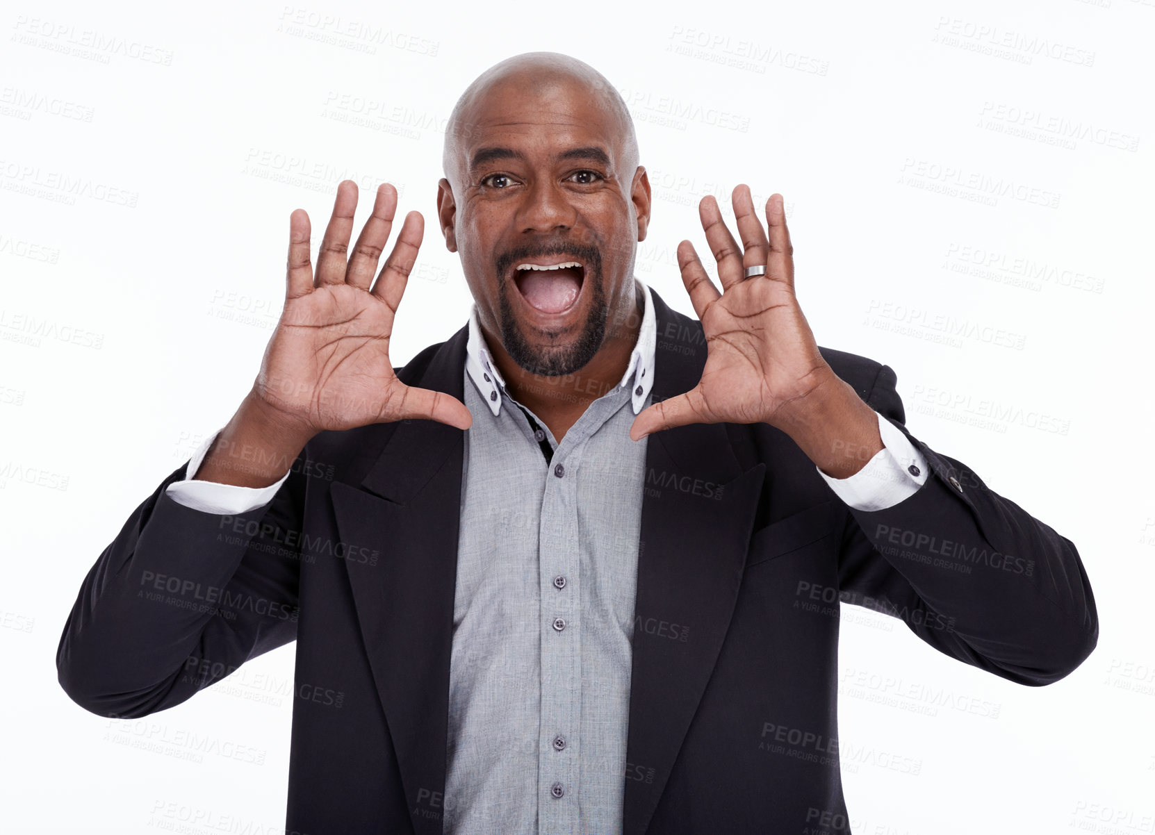 Buy stock photo Portrait, announcement and a business black man shouting in studio isolated on a white background corporate work. Voice, excited and surprise with a senior male speaker giving a speech for motivation