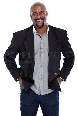 Buy stock photo Business man, fashion and portrait in studio with smile, pride and confidence in trendy jacket by white background. African entrepreneur, person and happy in blazer, jeans and edgy clothes in Kenya