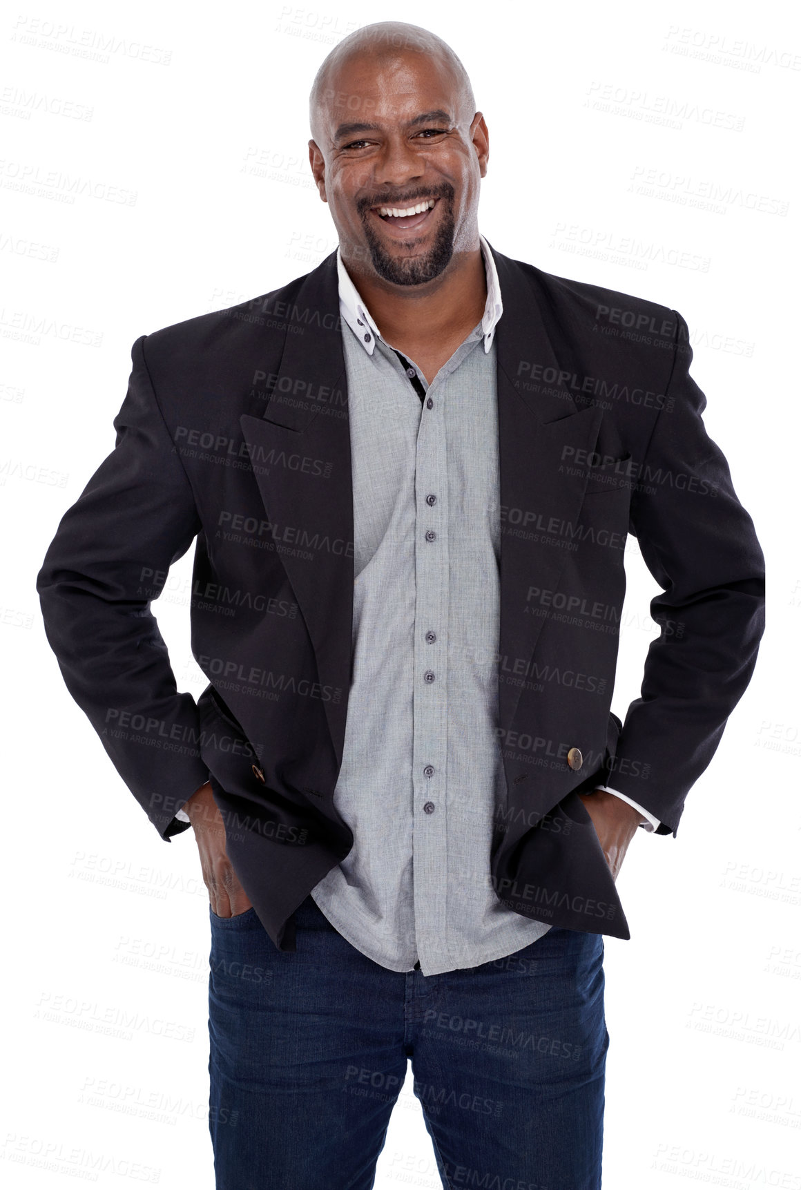 Buy stock photo Business man, fashion and portrait in studio with smile, pride and confidence in trendy jacket by white background. African entrepreneur, person and happy in blazer, jeans and edgy clothes in Kenya