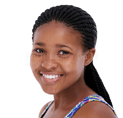 Buy stock photo Woman, portrait and happy or confidence in studio with relax, good mood and positive attitude with braids hairstyle. African girl, person and face with smile, pride and wellness on white background
