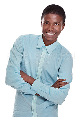 Buy stock photo Happy, portrait and confident black man with positive attitude on a white studio background. Face of young African, male person or model with smile and arms crossed in confidence for fashion or style