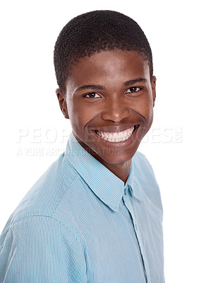 Buy stock photo Man, portrait and happy or confidence in studio with relax, good mood and positive attitude with casual fashion. African guy, person and face with smile, pride and trendy shirt on white background