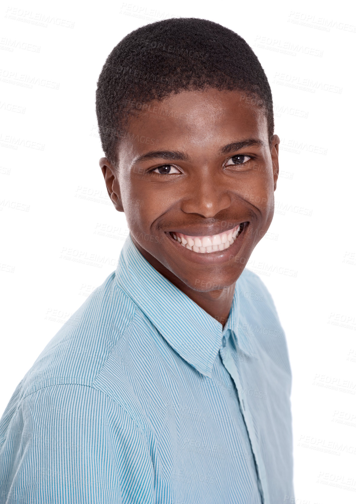 Buy stock photo Man, portrait and happy or confidence in studio with relax, good mood and positive attitude with casual fashion. African guy, person and face with smile, pride and trendy shirt on white background