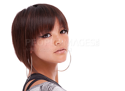 Buy stock photo Beauty, face and  portrait of woman in studio with makeup, cosmetics and skin glow. Headshot of young female model person from South Africa isolated on a white background with shine, mockup and space