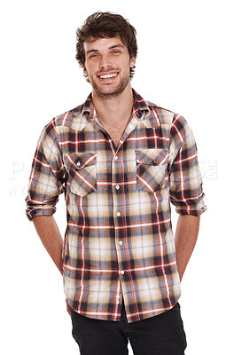 Buy stock photo Studio portrait of a handsome young man standing against a white background