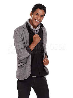 Buy stock photo Man, portrait and celebration in studio for win, fist pump and cheering on white background. Male person, happy and excited for promotion or discount, information and announcement or lottery success
