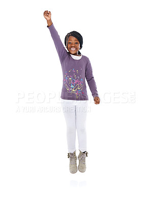 Buy stock photo Full-length portrait of an african american girl with her arm raised in triumph