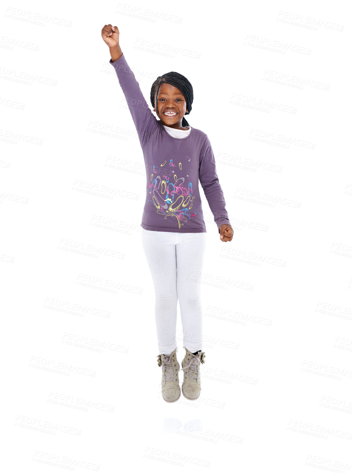 Buy stock photo Full-length portrait of an african american girl with her arm raised in triumph