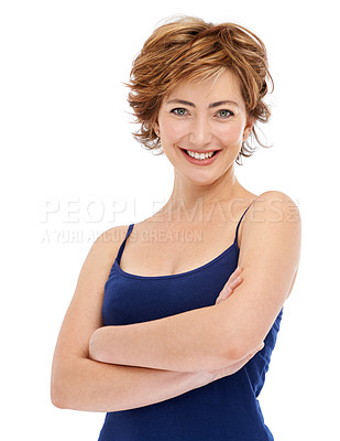 Buy stock photo Happy woman, portrait and confidence with beauty makeup, cosmetics or haircare on a white studio background. Face of confident or young female person or model with smile and arms crossed for style