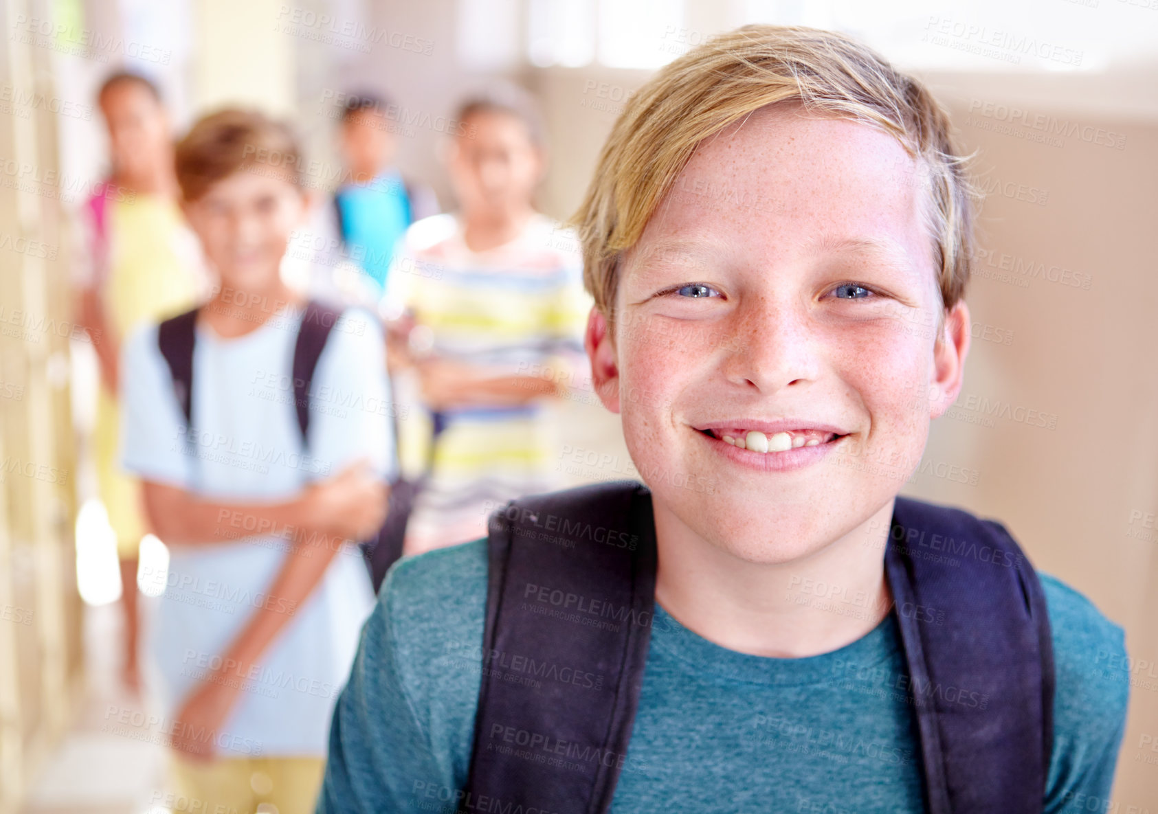 Buy stock photo Student, portrait and child with smile in hallway with education, study and backpack for back to school. Youth, young boy and learning with confidence on campus with children and happy from class