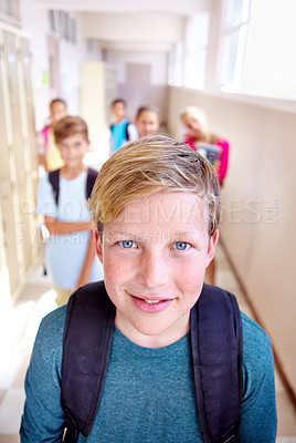 Buy stock photo Boy, friends and portrait in school hallway or backpack or education or learning together or studying, academic or USA. Children, group and face in building or student lessons, development or future