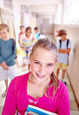 Buy stock photo Child, friends and portrait in school hallway or classroom learning or students unhappy for lesson, knowledge or elementary. Girl, face and books or smile for education future in USA, campus or smart