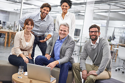 Buy stock photo Businesspeople, portrait and laptop for teamwork at in office at creative agency for project planning, campaign or proposal. Men, women and smile or together for collaboration, internet or meeting