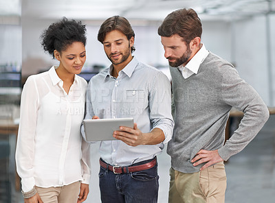 Buy stock photo Happy businessman, tablet and coaching with team for research, data or planning in brainstorming at office. Man talking to employees with technology for discussion, project or networking at workplace