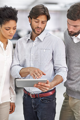 Buy stock photo Businessman, tablet and coaching team in meeting for research, data or planning in brainstorming at office. Man talking to employees with technology for discussion, project or networking at workplace