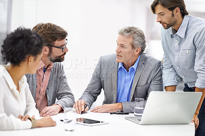 Buy stock photo Businesspeople, laptop and teamwork in office or brainstorming startup for project planning, solution or internet. Men, woman and talking in boardroom or creative proposal, problem solving or online