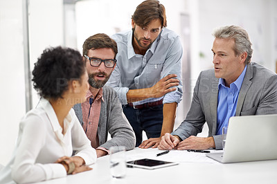 Buy stock photo Business people, meeting and team in planning, discussion or collaboration with technology at office. Group of employees with tablet and computer for project plan, ideas or brainstorming at workplace