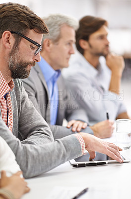 Buy stock photo Seminar, team and business man with tablet in a professional meeting and workshop with tech. Planning, listening and employee in a startup company for website development in a workplace together