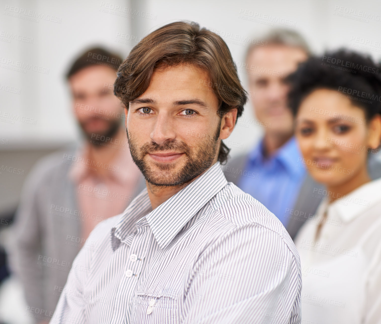 Buy stock photo Happy, office and businessman in portrait with confidence and commitment at work. Accounting, company and smile face for teamwork for support, leadership and together with career pride in workplace