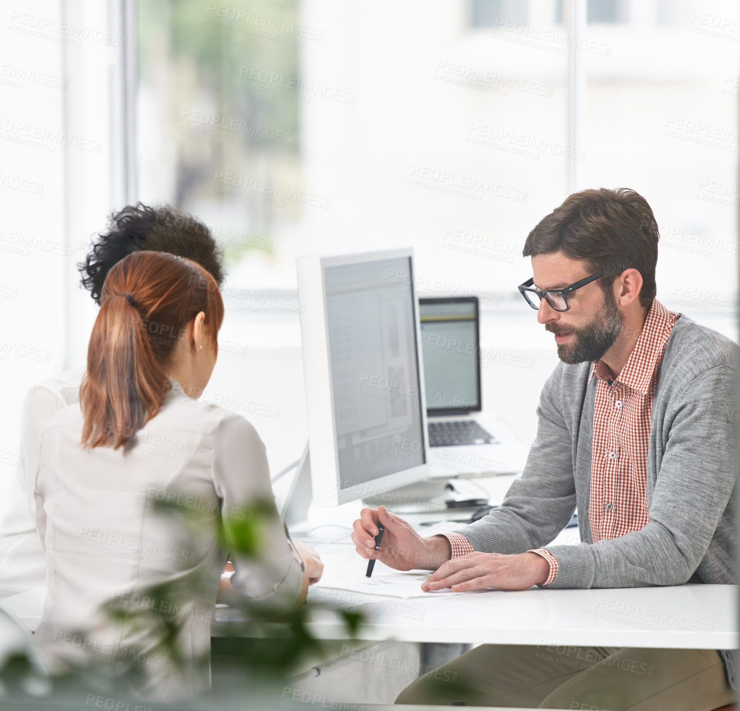 Buy stock photo Business people, office and manager talking with staff at desk for planning and data entry specialist. Teamwork, discussion and management of team with professional conversation for company project