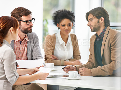 Buy stock photo Meeting, collaboration and business people with documents in office for planning or strategy together. Teamwork, research or development with man and woman employee group in workplace boardroom