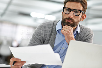 Buy stock photo Businessman, portrait and laptop with documents in finance, budget planning or investment at office. Man, accountant or employee with paperwork, financial report or policy by computer at workplace
