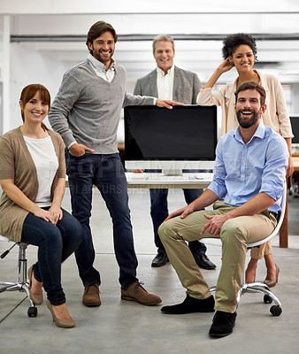 Buy stock photo Happy, computer screen and business people in portrait for friendly and technology at work for connection. Web designer, staff and positive face for collaboration with support and mock up in office