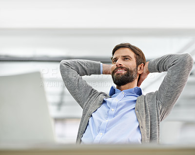 Buy stock photo Relax, rest and business man in office thinking, daydreaming and happy on break at desk. Hands on head, corporate worker and person with computer done for project, working and finish in workplace