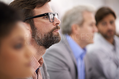 Buy stock photo Group, businessman and people in row as panel, decision and thinking in forum in corporate convention. Human resources, staff and idea for problem solving in workshop, choice and listening in seminar
