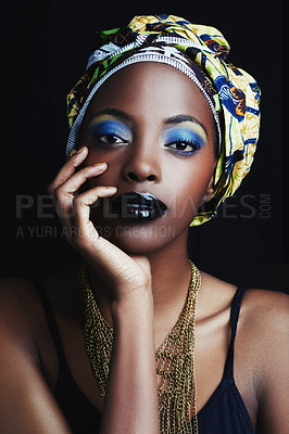 Buy stock photo Black woman, wrap and portrait with fashion, makeup and beauty in studio. Cosmetics, trendy and art with African female person from Kenya with traditional head scarf accessory with dark background