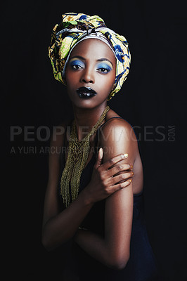 Buy stock photo Black woman, beauty and portrait with fashion, skincare and makeup in studio. Cosmetics, trendy and afro style with African female person from Kenya with traditional hair wrap with black background