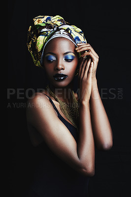Buy stock photo Fashion, beauty and face of African woman on dark background with confidence, style and head scarf. Culture, aesthetic and person with cosmetics, trendy accessories and makeup in studio in Kenya