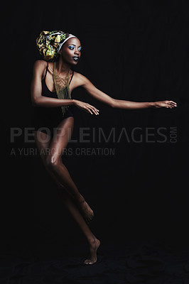 Buy stock photo Fashion, beauty and black woman on dark background pose with confidence, style and pride. Culture, aesthetic and isolated African person with cosmetics, trendy accessories and makeup in studio