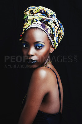 Buy stock photo Black woman, beauty and portrait with fashion, hair scarf and makeup in studio. Cosmetics, trendy and afro style with African female person from Kenya with traditional head wrap with black background