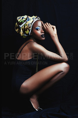 Buy stock photo Black woman, beauty and portrait with fashion, turban and makeup in studio. Cosmetics, trendy and afro style with African female person from Kenya with traditional head dress with black background