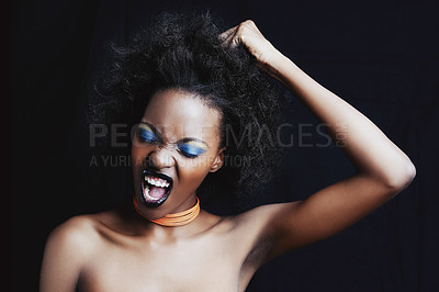 Buy stock photo Beauty, hair and frustrated black woman on dark background for hairstyle, texture and natural afro. Haircare, salon crisis and angry African person with cosmetics, accessories and makeup in studio