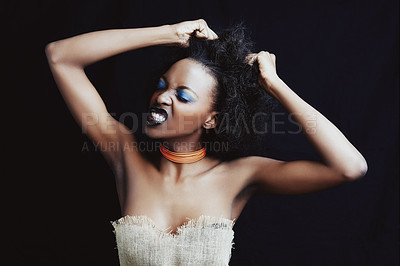 Buy stock photo Beauty, hair care and frustrated black woman on dark background for hairstyle, texture and natural afro. Stress, salon crisis and angry African person with cosmetics, accessories and makeup in studio