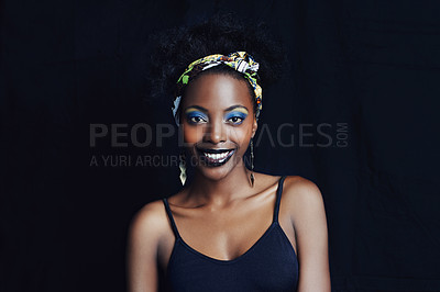 Buy stock photo African woman, fashion and studio for makeup, beauty and smile for eye shadow campaign. Black female model, dark background and cosmetic, portrait and face for cultural, style and elegance  