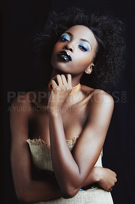 Buy stock photo Cosmetics, beauty and portrait of black woman on dark background with confidence, style and pride. Culture, aesthetic and isolated African person with fashion, trendy accessories and makeup in studio
