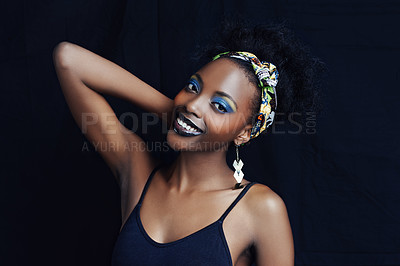 Buy stock photo African female person, fashion and studio for makeup, lipstick and smile for eye shadow. Black woman model, dark background and cosmetic, portrait and face for cultural, style and elegance  