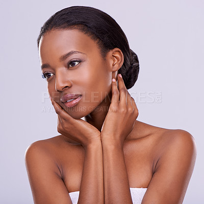 Buy stock photo Face of black woman, beauty or thinking of makeup, cosmetics or healthy skin in studio. Dermatology, wellness ideas or African girl model with glow, pride or skincare results on purple background
